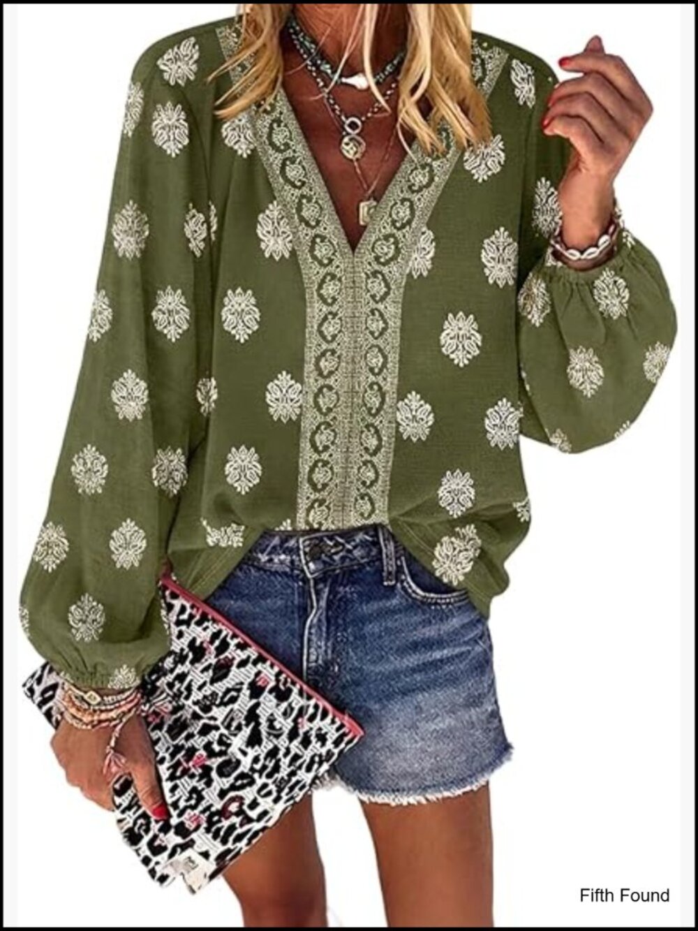 Boho Floral V Neck Blouse Lantern Sleeve Loose Fit Tunic Summer Top
